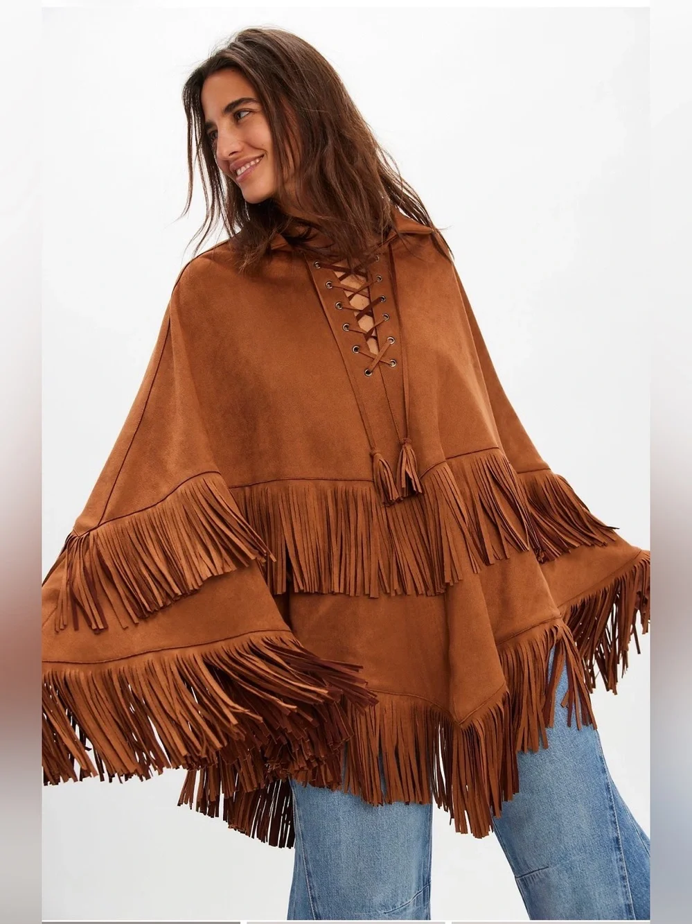 Free People Brown Suede Fringe Poncho